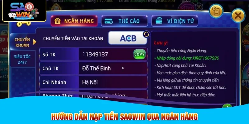 Hướng dẫn nạp tiền SAOWIN qua ngân hàng